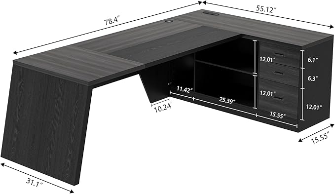 78 Inch L Shape Executive Desk, Large Modern Home Office Desk with Drawer and Cord Hold Management, Wooden Business Furniture for CEO Boss Manager, Black Gray