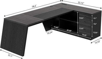 78 Inch L Shape Executive Desk, Large Modern Home Office Desk with Drawer and Cord Hold Management, Wooden Business Furniture for CEO Boss Manager, Black Gray