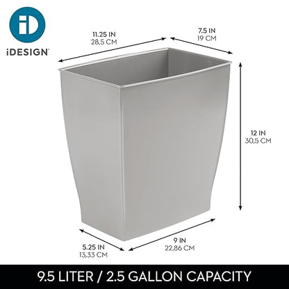 iDesign Small Plastic Bathroom Trash Can, Slim Rectangle Garbage Bin for Bedroom, Office, Dorm, Gray