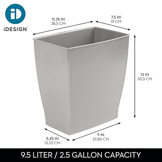 iDesign Small Plastic Bathroom Trash Can, Slim Rectangle Garbage Bin for Bedroom, Office, Dorm, 2-Pack, Gray