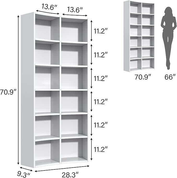 Semoic 71" Bookcase, 6 Tier Large Bookshelf with Storage, Floor Standing Open Display Storage Shelves, Modern Tall Floor Standing Book Shelf for Living Room,White