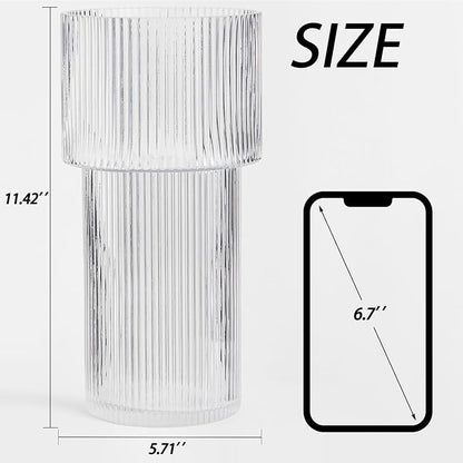 Large Glass Vase, 12 Inches Tall Vase for Flowers, Flower Vases for Bouquet, Modern Ribbed Glass Vases for Living Room, Dining Table, Office, Entryway, Mantle, Shelf, Wedding Gifts