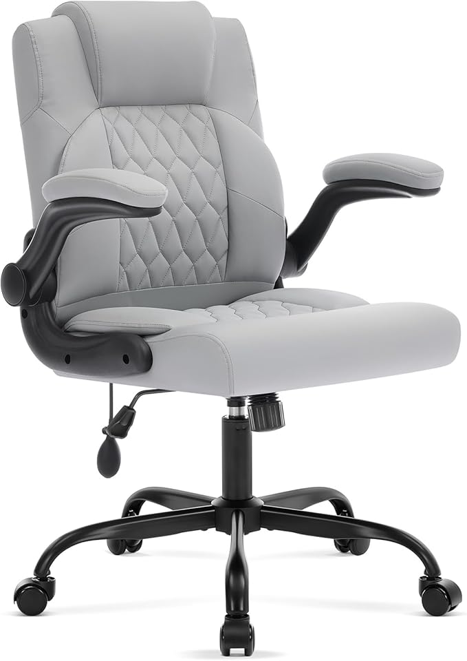 Office Chair with Adjustable Inflatable Lumbar Support,Leather Ergonomic Computer Desk Chair with Flip-up Arms,Adjustable Tilt Lock,Swivel Rolling Executive PC Chair for Work,Study,Meeting.Grey