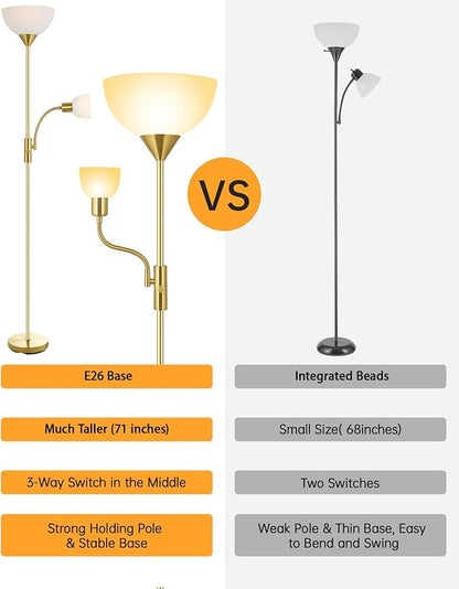 Torchiere Floor Lamps, LED Standing Lamp, 71" Tall Torch Floor Lamps with Reading Light, 3 Way Rotary Switch, White Plastic Shade,Bright Gold Modern Corner Lamp for Living Room Bedroom Office(No Bulb)