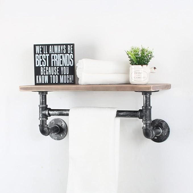 Industrial Pipe Shelf Bathroom Shelves Wall Mounted,19.6in Rustic Wood Shelf with Towel Bar,1 Tier Farmhouse Towel Rack Over Toilet,Pipe Shelving Floating Shelves Towel Holder,Retro Grey