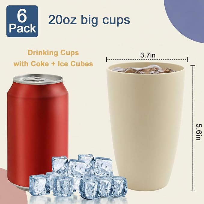 Wheat Straw Cups 20 OZ Large Capacity Set of 6, Unbreakable Drinking Cups Reusable, Alternative to Plastic CupSet, Dishwasher Safe Cups for Kitchen Water Tumblers (Beige)