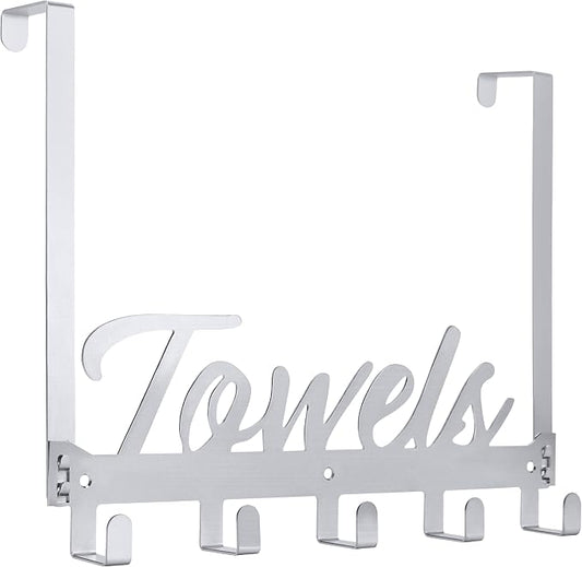 Azmoncy Over The Door Hooks, Towel Hook Towel Holder Over Door Towel Hanger Door Hanger with 5 Coat Hooks Towel Rack for Bathroom Bedroom Kitchen, Chrome