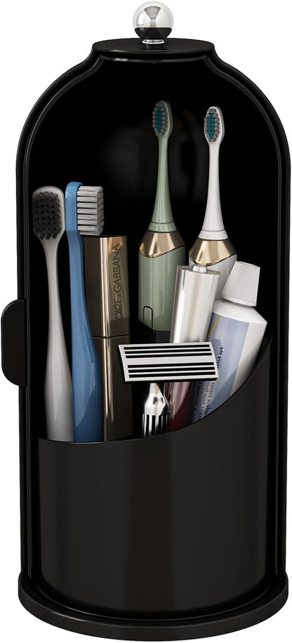 Toothbrush and Toothpaste Holders with Cover, Solid Black | Waterproof and Dustproof, 360° Rotating Base, Smooth Sliding Door, 3 Slots, for Bathroom Countertop