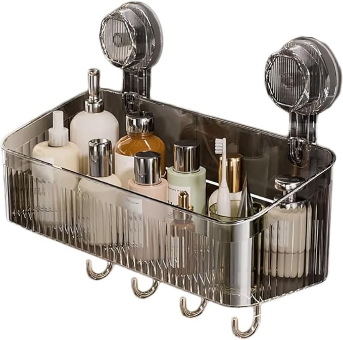 No-Drill Bathroom Storage Suction Cup Storage Box, Removable, Freely Adjustable Vacuum Suction Cup Storage Box, Large Capacity & Strong Load-Bearing, Hanging Shower Organizer (Transparent Gray)