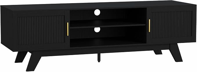 ChooChoo 59.5" Fluted TV Stands for 65 Inch TV, Mid Century Modern Entertainment Center with Storage and Adjustable Shelf, Long TV Console Media Table for Living Room, Bedroom, Black