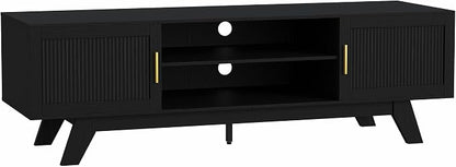 ChooChoo 59.5" Fluted TV Stands for 65 Inch TV, Mid Century Modern Entertainment Center with Storage and Adjustable Shelf, Long TV Console Media Table for Living Room, Bedroom, Black