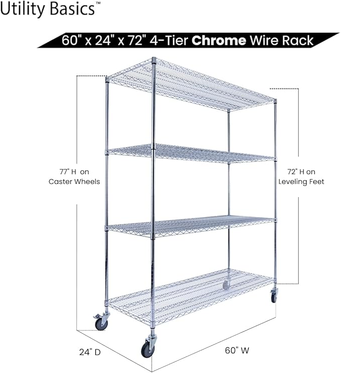 Utility Basics NSF Commercial 4-Tier Wire Shelving with Wheels, 60"x24"x72" Heavy Duty Metal Shelves 3200 lbs Max Capacity, Chrome Storage Rack for Garage Kitchen Pantry Warehouse