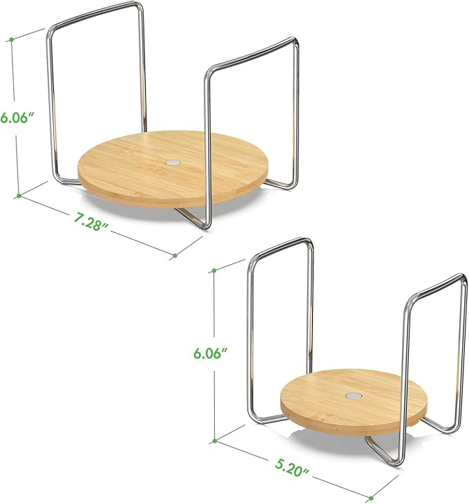 Dish Rack for Kitchen Counter - Bamboo Plate Organizer for Cabinet Space Saver, 2Pcs Adjust 8.5" to 12.5" Stainless Steel Plate and Bowl Holder with Portable Handle for Drawer Cupboard Shelf RV