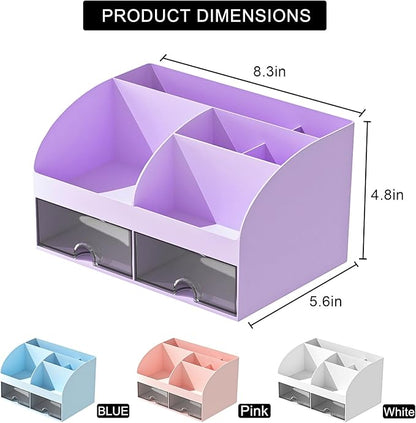 COMFYROOM Desk Organizer with 6 Compartments and 2 Drawers, Plastic Makeup Organizer, Pen Holder for Desktop Storage, Desk Organization for School, Home, Office Supplies (Purple)