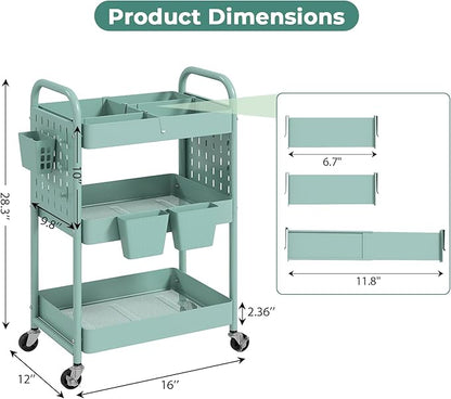 danpinera Rolling Cart, Movable Utility Organizer with Retractable Dividers & Pegboards for Kitchen, Bathroom, Office