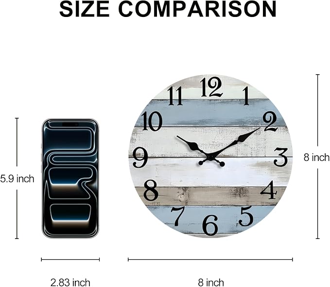 JoFomp 8 Inch Wooden Wall Clocks Battery Operated, Silent Wall Clock Non Ticking, Coastal Country Design Rustic Wall Clocks for Living Room Decor, Small Wall Clock for Bedroom Kitchen Bathroom