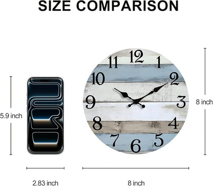 JoFomp 8 Inch Wooden Wall Clocks Battery Operated, Silent Wall Clock Non Ticking, Coastal Country Design Rustic Wall Clocks for Living Room Decor, Small Wall Clock for Bedroom Kitchen Bathroom
