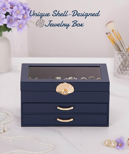 Jewelry Box with 2 Drawers: Display Organizer for Earrings Necklaces - Gifts for Girls Women (Dark Blue)