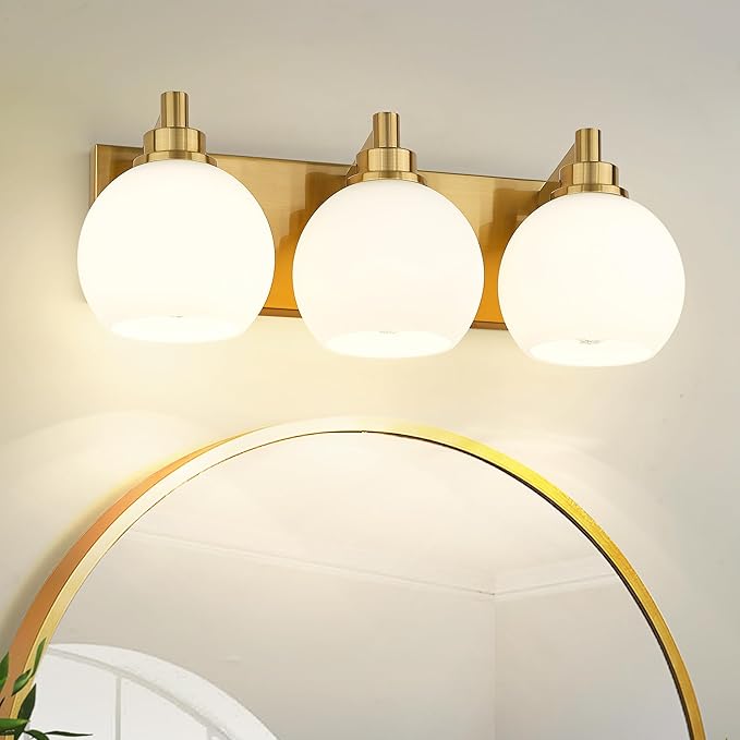 Bathroom Light Fixtures, 3-Light Brushed Gold Vanity Light, Modern Wall Sconces with Milk White Globe Glass Shade, Vanity Lighting Fixtures Over Mirror, VL195-BG-ML-3