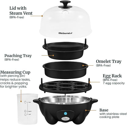 Elite Gourmet EGC-007B# Rapid Egg Cooker, 7 Easy-To-Peel, Hard, Medium, Soft Boiled Eggs, Poacher, Omelet Maker, Auto Shut-Off, Alarm, 16-Recipe Booklet, Black