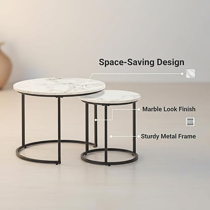 Round Nesting Coffee Table Set of 2, Modern Marble Pattern Wooden Nesting Tables, Stacking Minimalist End Table for Living Room Bedroom Small Space, White and Black