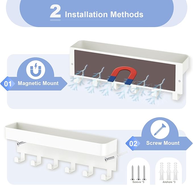 RELBRO Magnetic Key Holder for Fridge, Metal Wall Mount Key Rack with Shelf, 6 Hooks, 2 Installation Options, White
