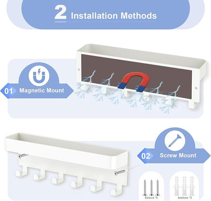 RELBRO Magnetic Key Holder for Fridge, Metal Wall Mount Key Rack with Shelf, 6 Hooks, 2 Installation Options, White