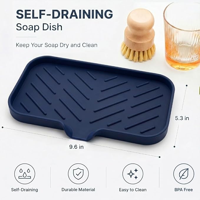 MicoYang Silicone Soap Dish with Drain Spout — Self-Draining Sink Organizer Tray for Bathroom & Kitchen, Sponges, Dispensers & Soap Holder, Non-Slip & Dishwasher Safe, Navy Blue (Medium, 9.6"×5.3")