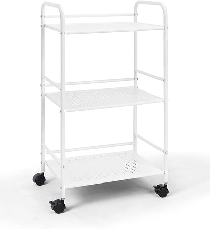 SunnyPoint 3-Tier Rolling Utility Cart – Metal Storage Organizer with Wheels, Mobile Kitchen Cart, Office & Home Organizer, White, 12" D x 16.92" W x 31.1" H