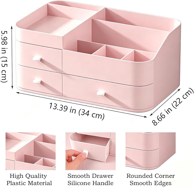 Makeup Organizer with Drawers, Bathroom Counter Organizer, Plastic Cosmetic Display Case, Large Skincare Storage for Vanity Countertop, Ideal for Bedroom Dresser top and Desktop