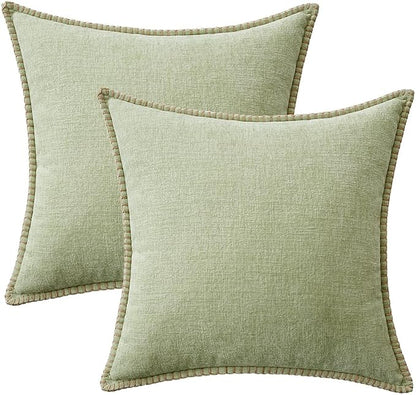 MIULEE Pack of 2 Summer Throw Pillow Covers 20x20 Inch Light Green Farmhouse Decorative Pillow Covers with Stitched Edge Soft Chenille Solid Dyed Pillow Covers for Couch Sofa Bed Living Room