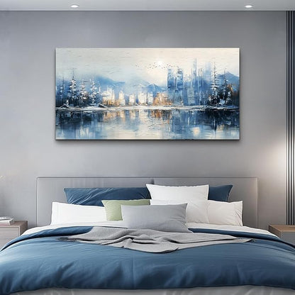 QIYILEXWART Large Wall Decor For Living Room Stretched And Framed Canvas Wall Art For Office Wall Decoration For Bedroom The Blue Lake Painting Abstract Watercolour Picture Home Decor Ready To Hang