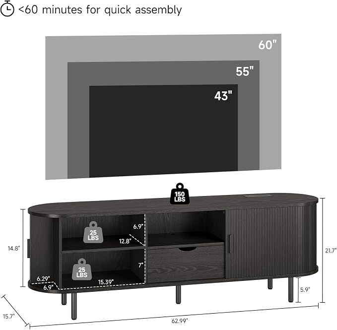 63" Mid-Century TV Stand with Power Outlet, Fluted Entertainment Center with Storage and Drawer, TV Console with Sliding Door and Adjustable Shelves, TV Stand up to 80" for Living Room, Black