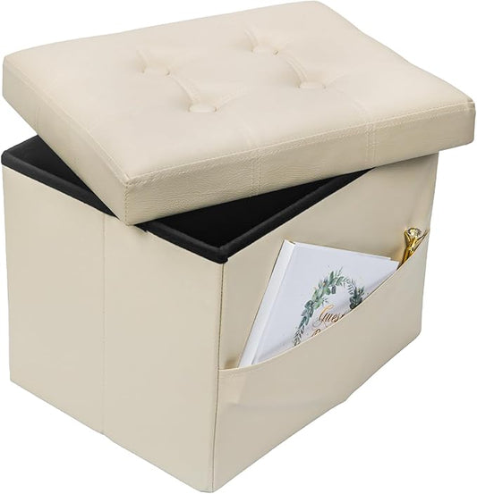 Bsketa Storage Ottoman Foot Rest Stool, Small Leather Storage Ottomans Bench, Folding Footstool with Side Pockets, Foot Rest Under Desk for Living Room Bedroom, 17x13x13 in, Beige