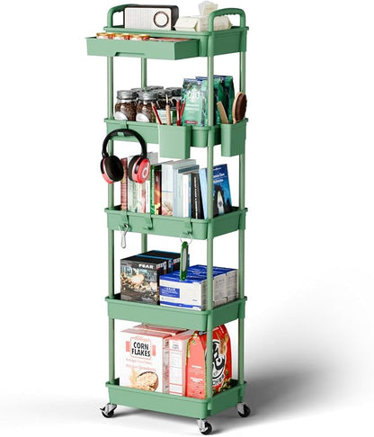 Sorgion 5 Tier Rolling Cart Organizer,Bathroom Cart Organizers with Wheels Laundry Room Organization Mobile Shelving Unit Utility Cart Storage Shelves Multi-Functional for Office, Home(Green)
