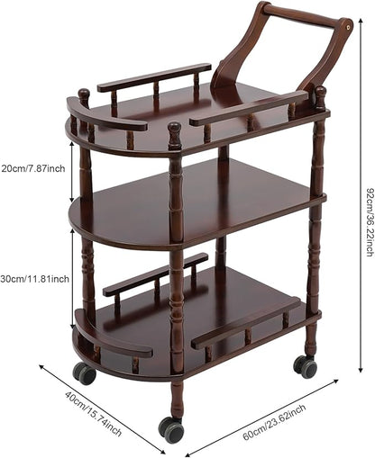 3 Tier Rolling Bar Cart, Home Bar Serving Cart, Brown Wood Mobile Bar Cart Serving Cart with Practical Handle, Multifunctional Utility Cart, for Hotels, Living Rooms, Offices, Kitchens