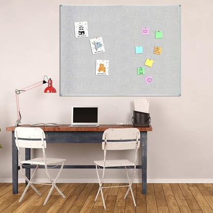 Lockways Linen Cork Bulletin Board, Light Grey Color Framed Linen Fabric Pinboard 48 x 36 Inch, Silver Aluminum Frame Message Notice Wall Mounted Cork Board for Home Kitchen Office Decorative