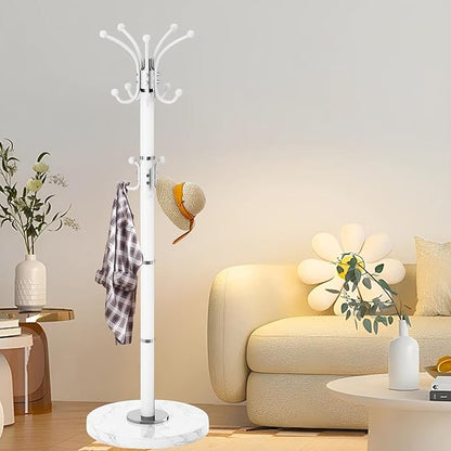 Metal Heavy Duty Coat Rack Stand, Modern 360° Roraty Freestanding Coat Rack with Natural Marble Base, White Coat Racks Hall Tree Hanger Stand with 16 Hooks for Entryway, Office