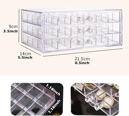 YUFONG Earring Storage Box Organizer 3 Drawers Acrylic Jewelry Storage Box Holder Transparent Jewelry Display Stand with 72 Small Compartments Gift for Women Girls (Clear)