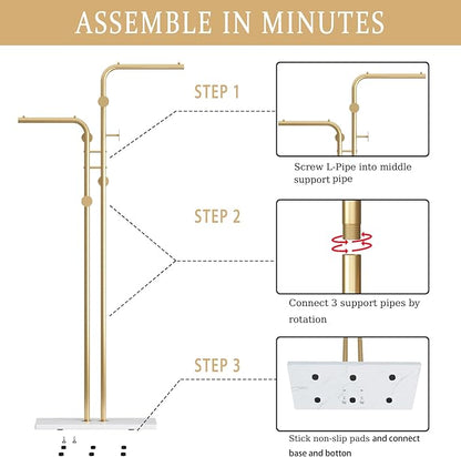 TIEOU Double-pole Metal Coat Rack, Gold Coat Rack Freestanding with 5 Hooks and Marble Base, Gold Clothing Rack, Modern Coat Hanger Stand for Entryway, Living Room, Bedroom
