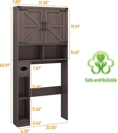 Vabches Over The Toilet Storage Cabinet, Farmhouse Storage Cabinet Over Toilet with 2 Barn Doors && Toilet Paper Holder Stand，Home Space-Saving Toilet Rack, for Laundry, Restroom, Bathroom.(Espresso)