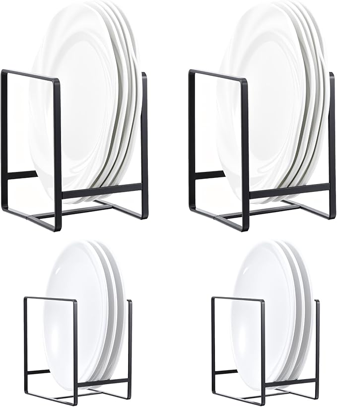 4 Pieces Plate Organizer for Kitchen Cabinet, Metal Dish Organizers Upright Dish Racks Plate and Bowl Storage Organizer for Pots Pans Cutting Boards (Black, 2 Sizes)