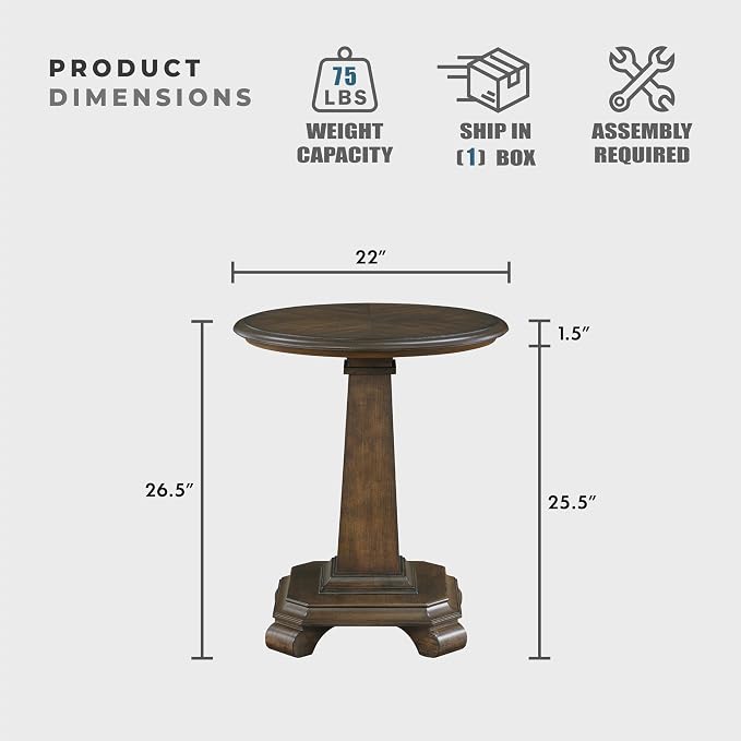 Lexicon 22 Dia. Round End Table, Wood Side Table with Sturdy Pedestal Leg, Cherry Veneer Accent Nightstand with for Small Spaces, Living Room, Bedroom, Entryway, Easy Assembly, Brown