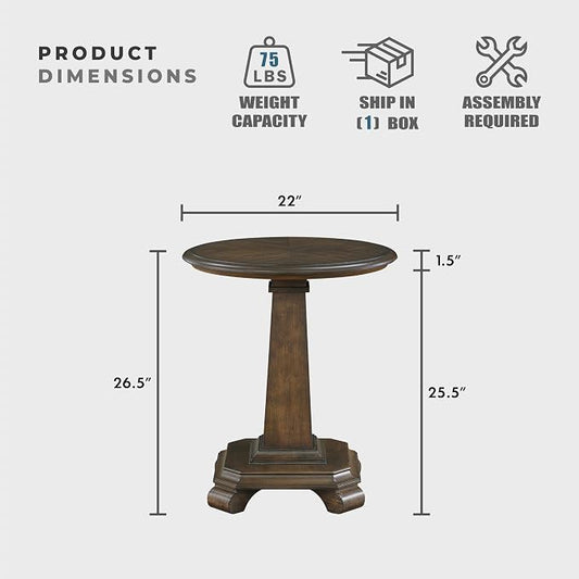 Lexicon 22 Dia. Round End Table, Wood Side Table with Sturdy Pedestal Leg, Cherry Veneer Accent Nightstand with for Small Spaces, Living Room, Bedroom, Entryway, Easy Assembly, Brown