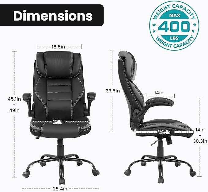 Big and Tall Executive Office Chair 400lbs for Heavy People, Ergonomic Computer Desk Chair with Lumbar Support & Adjustable Headrest, Comfy High Back Leather Office Chairs for Long Sitting, Grey