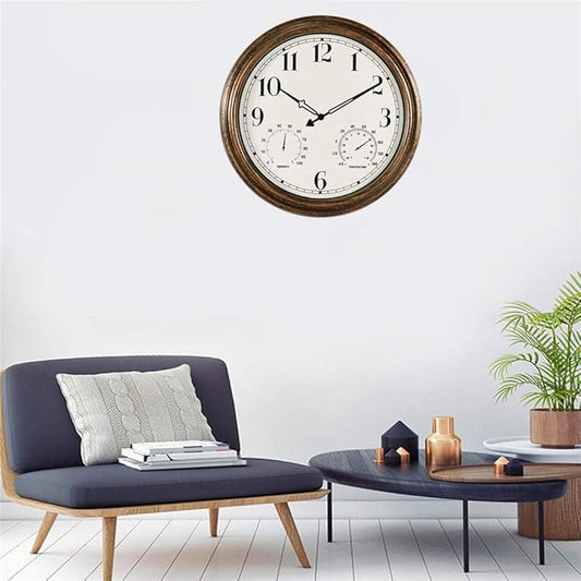 Rsobl 16 Inch Large Indoor Outdoor Wall Clock,Waterproof Non-Ticking Clock with Thermometer and Hygrometer Combo,Battery Operated Clock Wall Decorative-Bronze