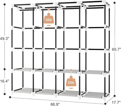 Portable Closet for Hanging Clothes, 67 Inch Wide Portable Wardrobe Closet with Cover, 4 Hanging Rod, Storage Shelves and Side Pockets, Large Free Standing Closet for Bedroom, Printing