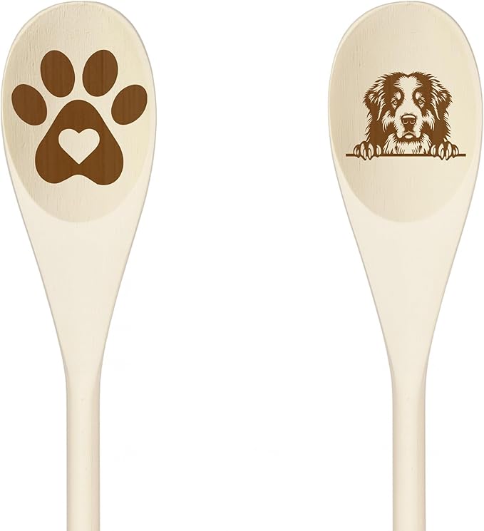PYRENEAN MOUNTAIN Wooden Spoons for Cooking, Serving or Decorative Kitchen Utensils Set Dog Lover Dog Mom/Dad Gift with Peeking Dog Designs, Paw Print and Dog Head, Kitchen Utensils Set of 2