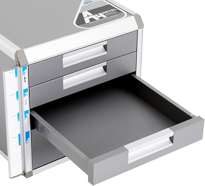 Desk Organizer with 4 Drawers, Metal Desktop Storage Cabinet File Holder with Locks and Keys, Filing Case Literature Organizer for Office Home, L12.4*D13.8*H11.7in, Silver & Grey