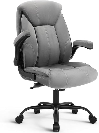 YAMASORO Executive Office Chair,Big and Tall Ergonomic Desk Chair with Adjustable Lumbar Support, Comfortable Computer Chair wih Flip-up Arms and Wheels, Gray